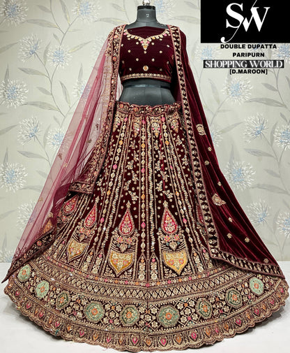 Pretty dark maroon Velvet bridal Lehenga