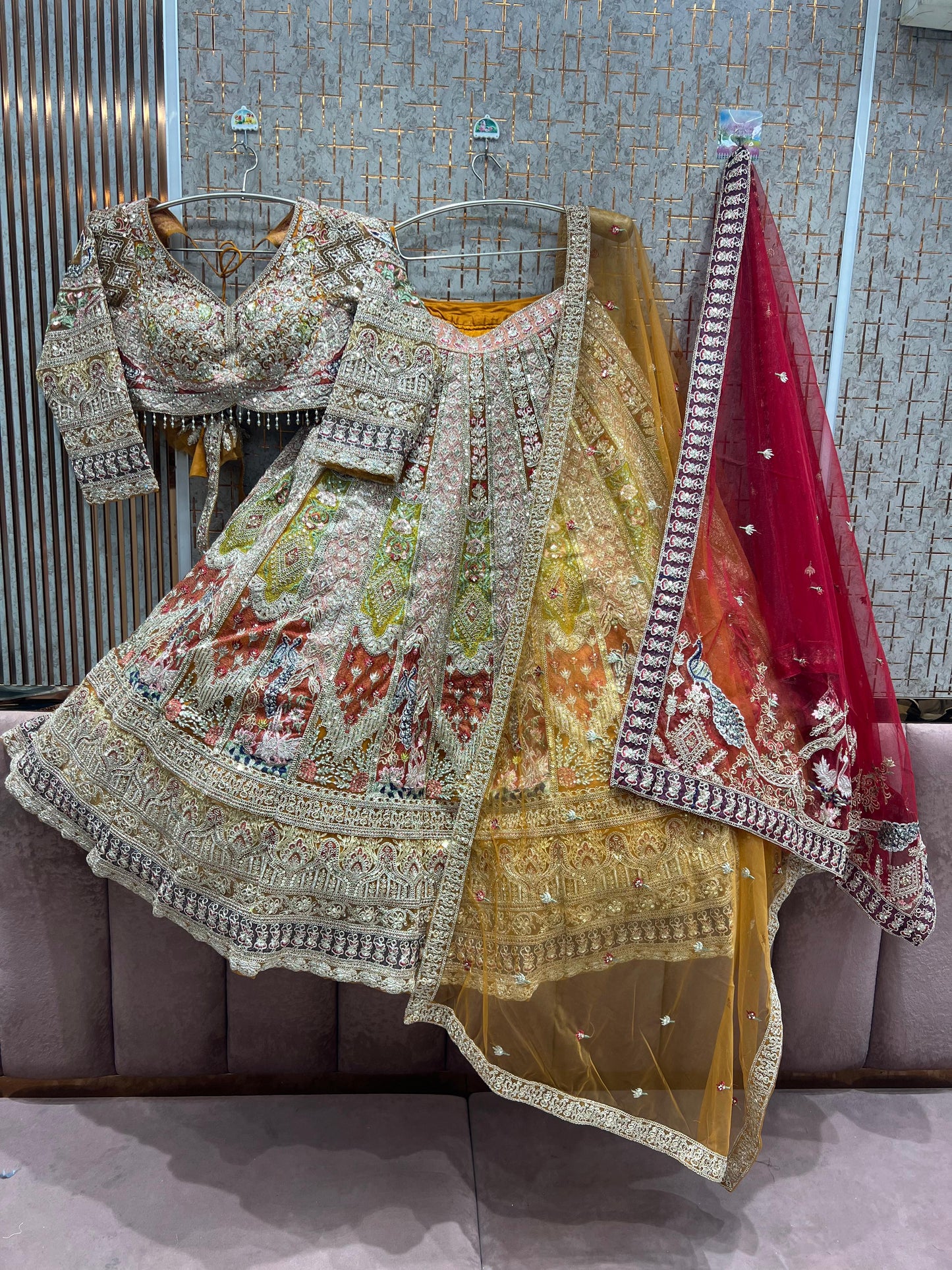 Fabulous Pink Mustard Double Duptta Crop Top Lehenga