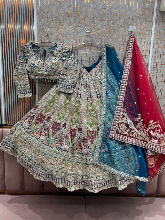 Fantastic Pink Blue Double Duptta Crop Top Lehenga