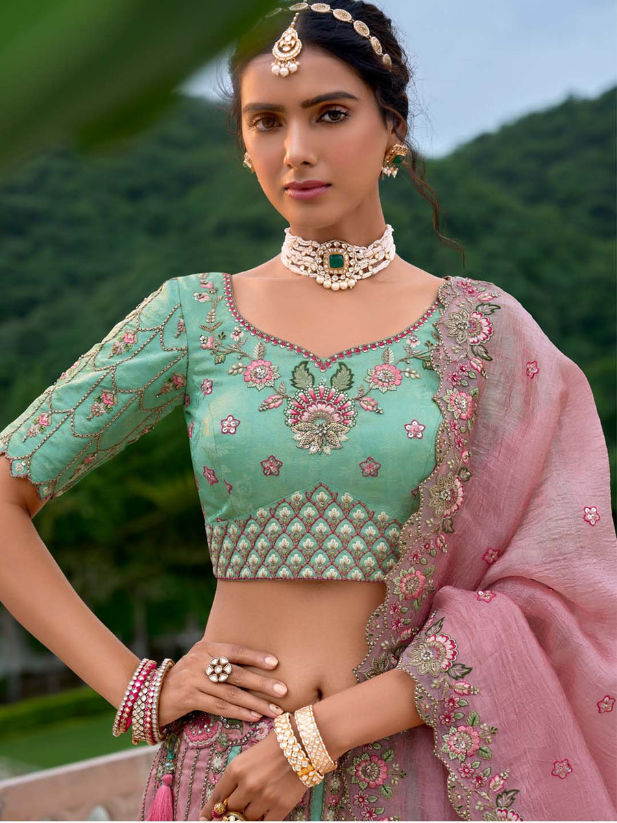Seagreen-Pink Pure Viscos Patch-Work Embroidered Semi Stitched Lehenga