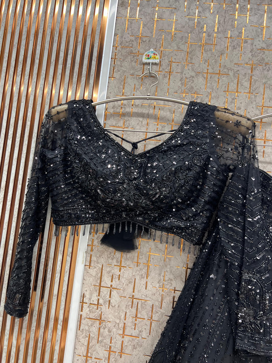 Black on Black Monotone Crop Top Lehenga