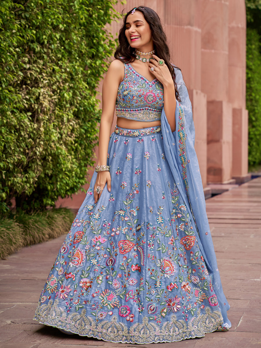 Multi-Color Sequined & Multi-Color Thread Mirror Embroidered Organza Lehenga