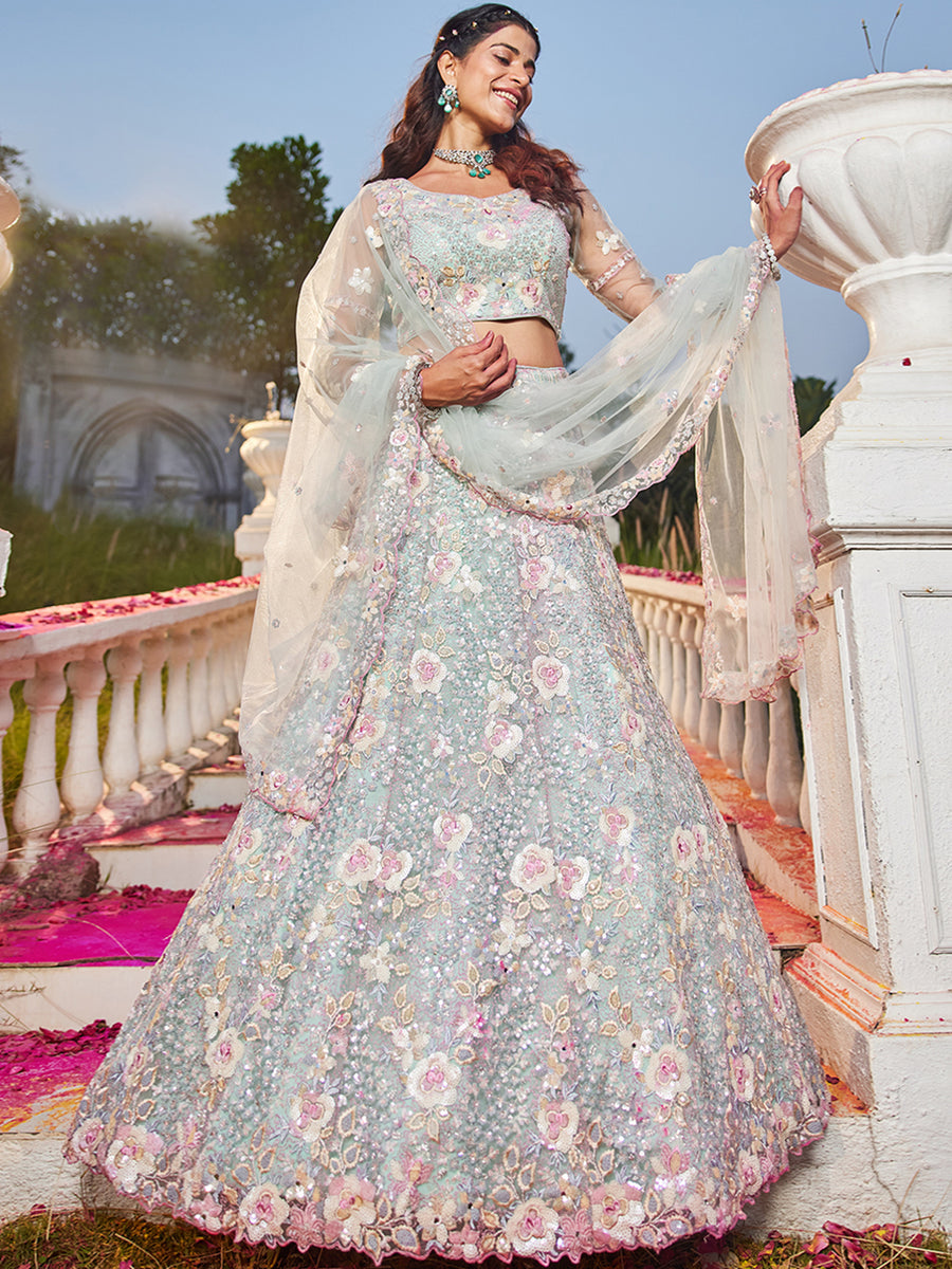 Pink Multi-Color Sequins Work Heavy Floral Embroidered Zarkan Mirror Lehenga