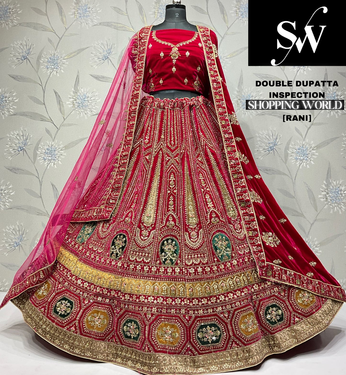 Astonishing rani pink Velvet bridal Lehenga