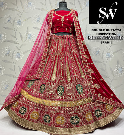 Astonishing rani pink Velvet bridal Lehenga