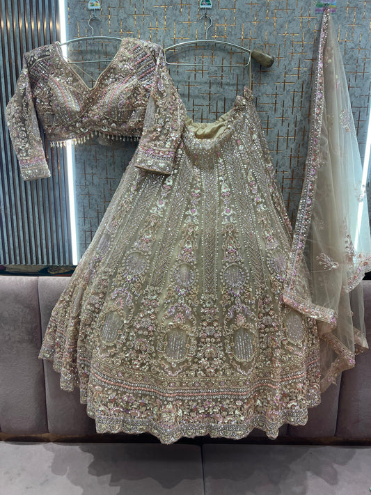 Stunning Beige Golden Crop top Lehenga