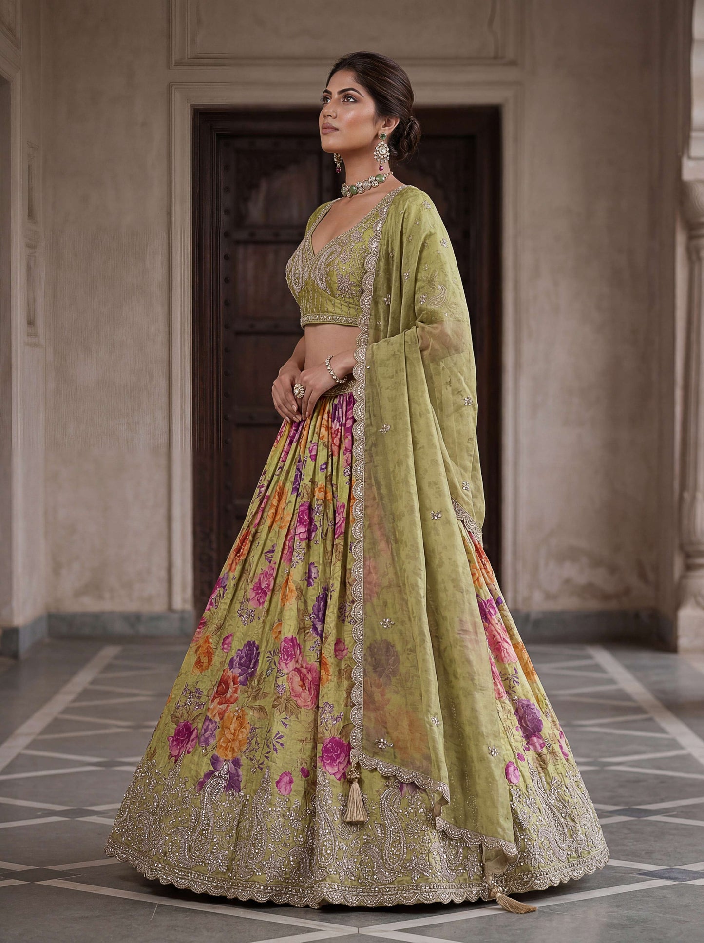 Green Tissue Fabric Bead Work Lehenga 1245