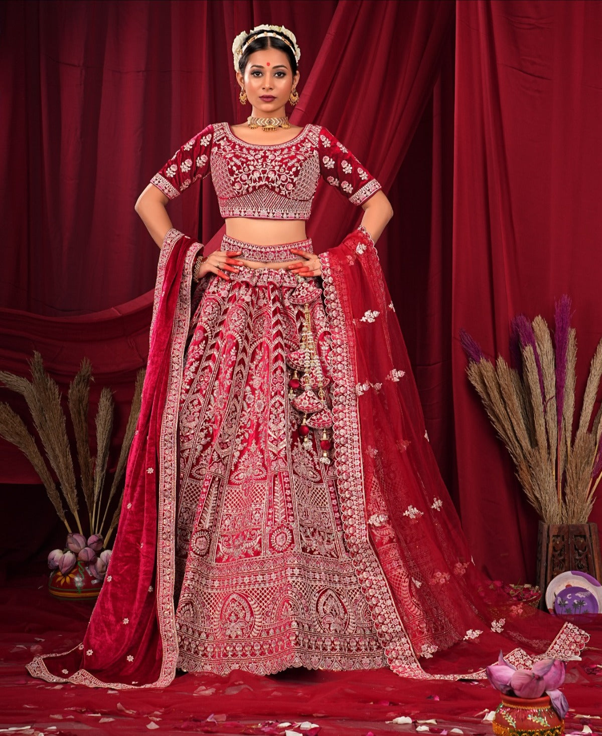Heavy Royal Rajwada Red double dupatta velvet bridal lehenga