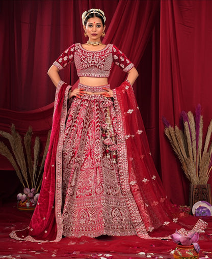 Heavy Royal Rajwada Red double dupatta velvet bridal lehenga