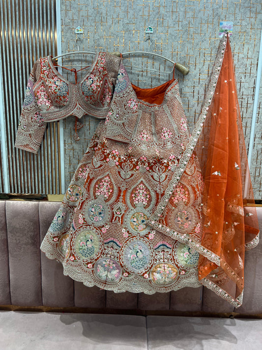 Rust Orange Peacock Crop Top Lehenga