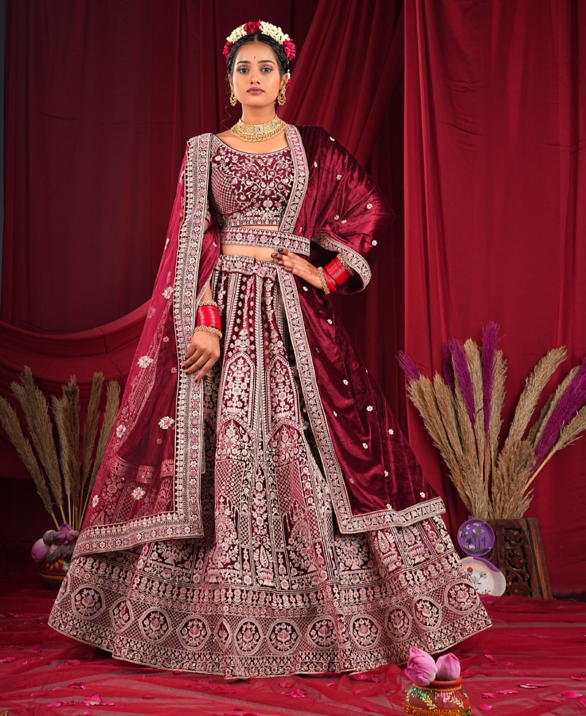 Fair maroon double duptta bridal lehenga