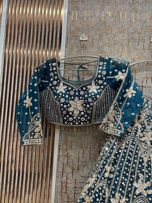 Lovely Blue Floral Crop Top Lehenga