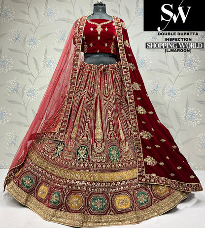 Astonishing rani pink Velvet bridal Lehenga