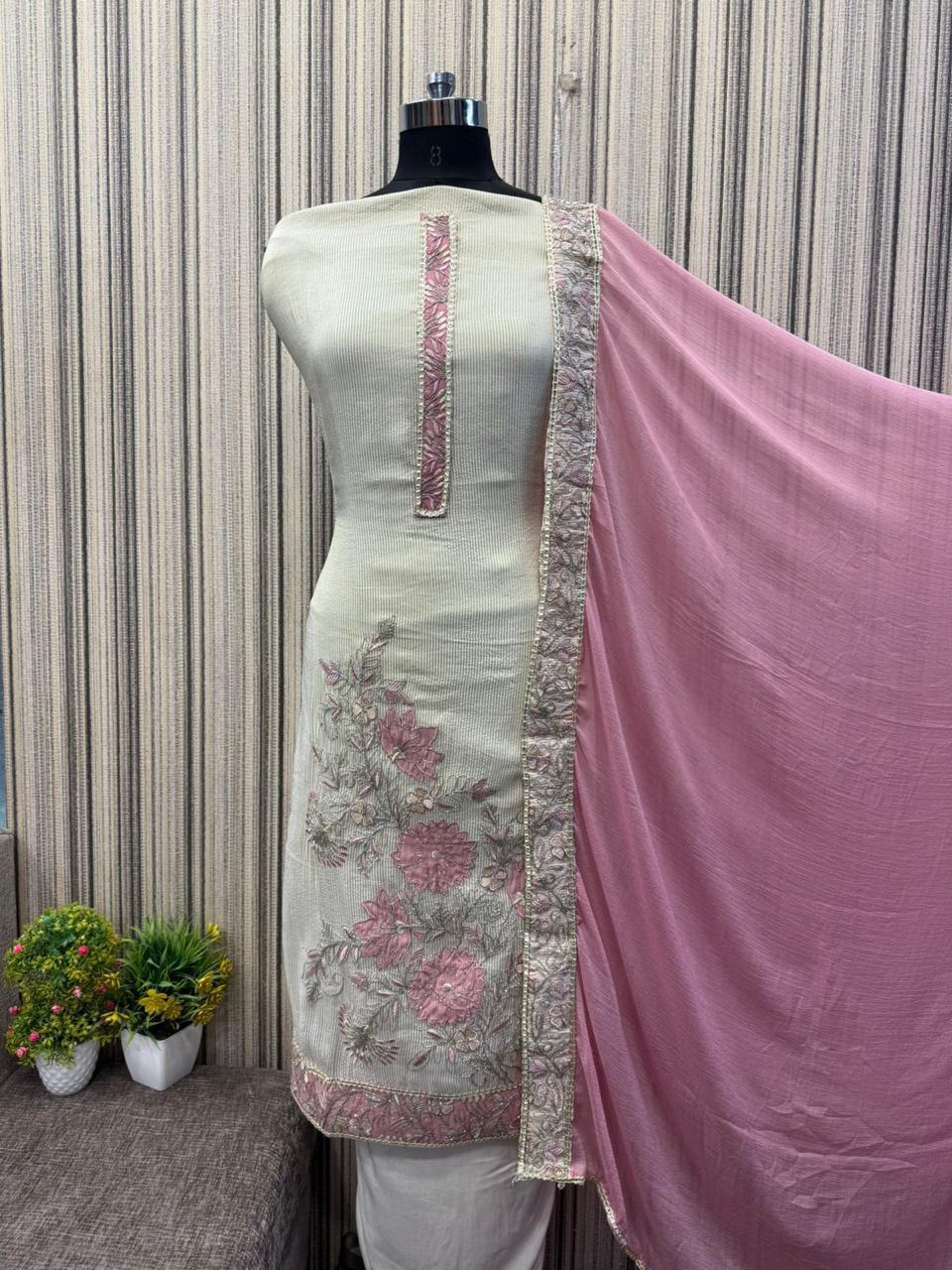 Good looking white pink suit dress material (free size)