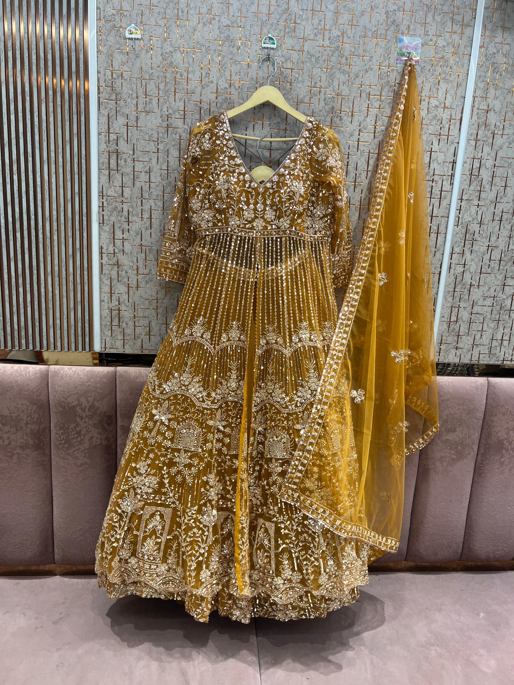 mustard yellow dress for haldi Mustard Yellow Heavy Sequins Zari Embellished Flowy Luxe Haldi Wear