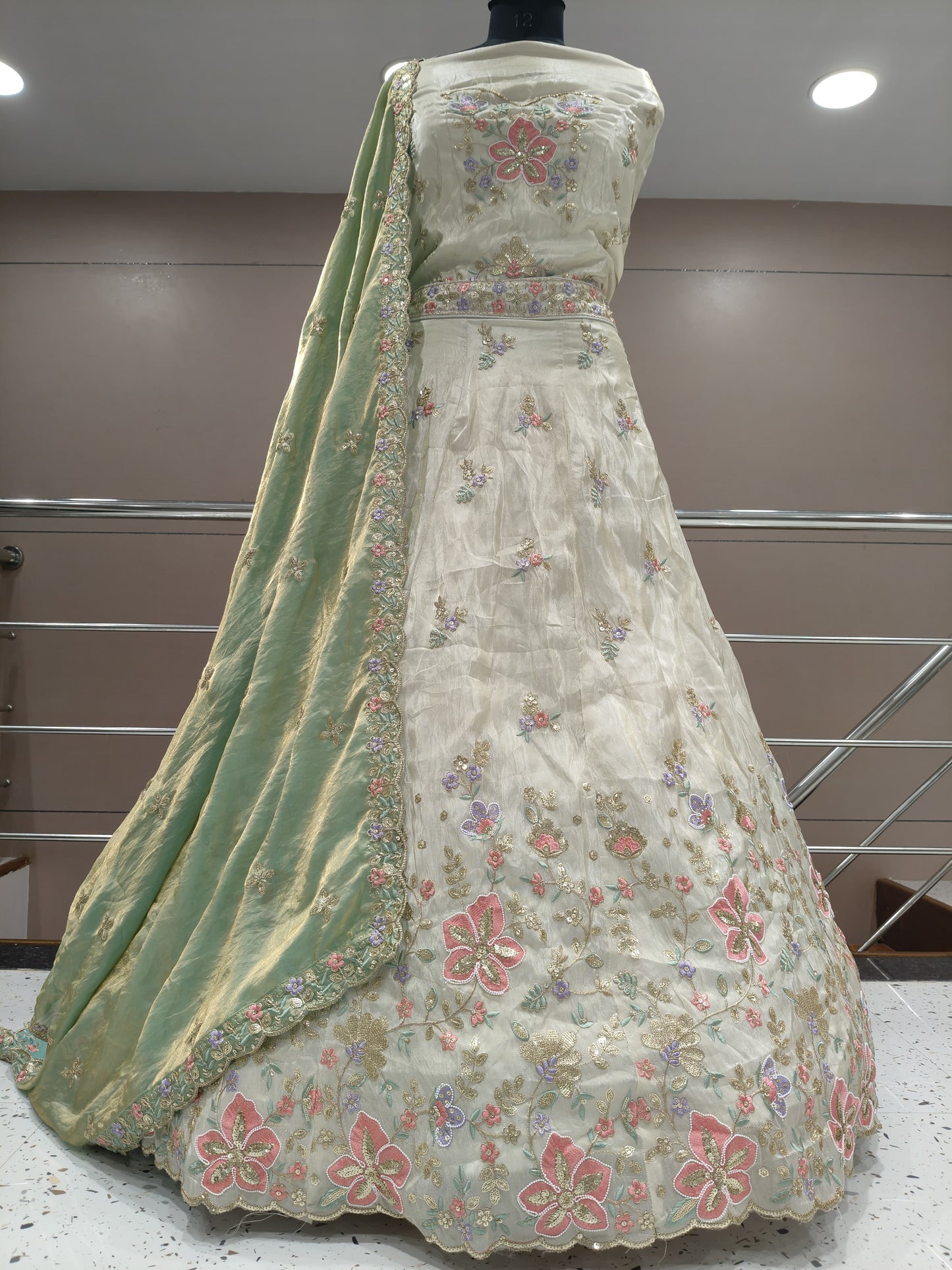 Attractive white pink cream lehenga