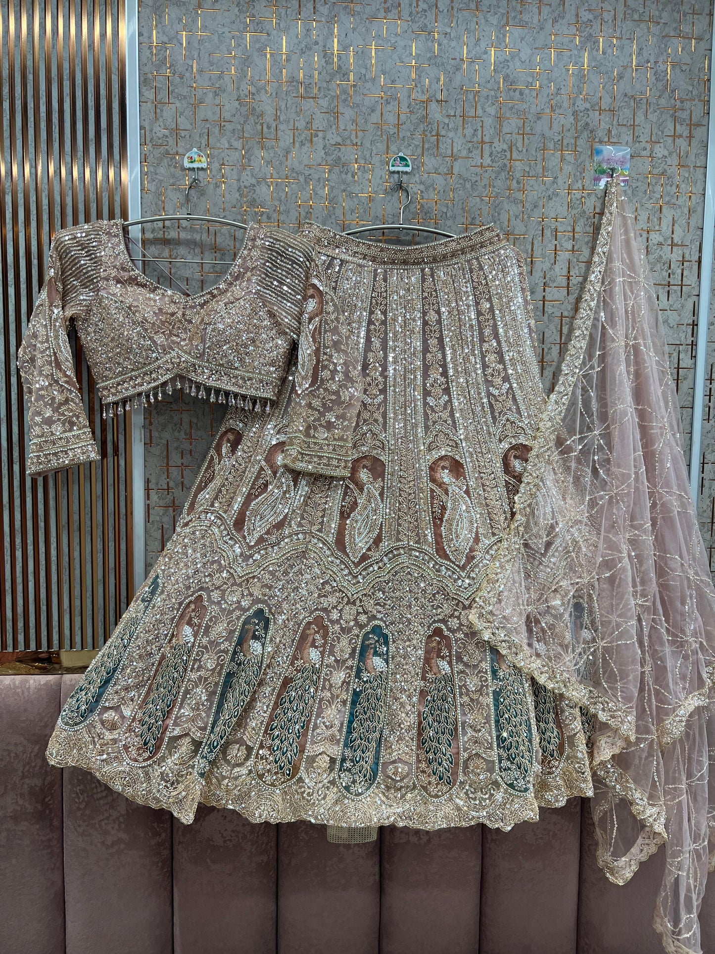 Double shade Beige golden Peacock Crop Top Lehenga