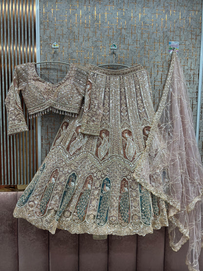 Double shade Beige golden Peacock Crop Top Lehenga