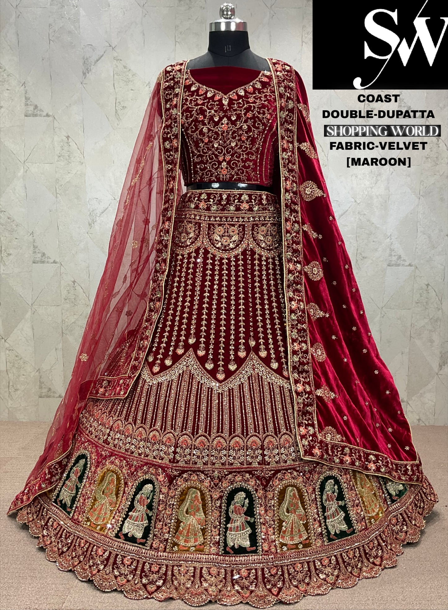 Lovely dark maroon Velvet bridal Lehenga