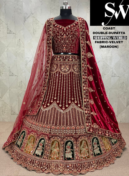 Lovely dark maroon Velvet bridal Lehenga