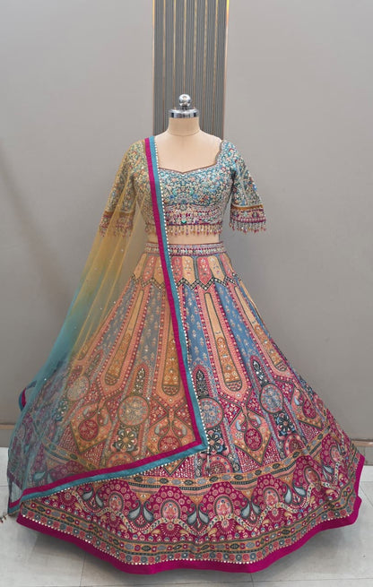 Embellished Multicolour peach Jacquard Banarasi Crop Top Lehenga