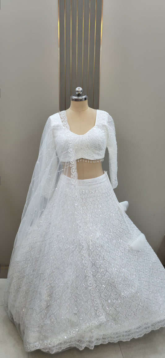 White On White Monotone Crop Top Lehenga