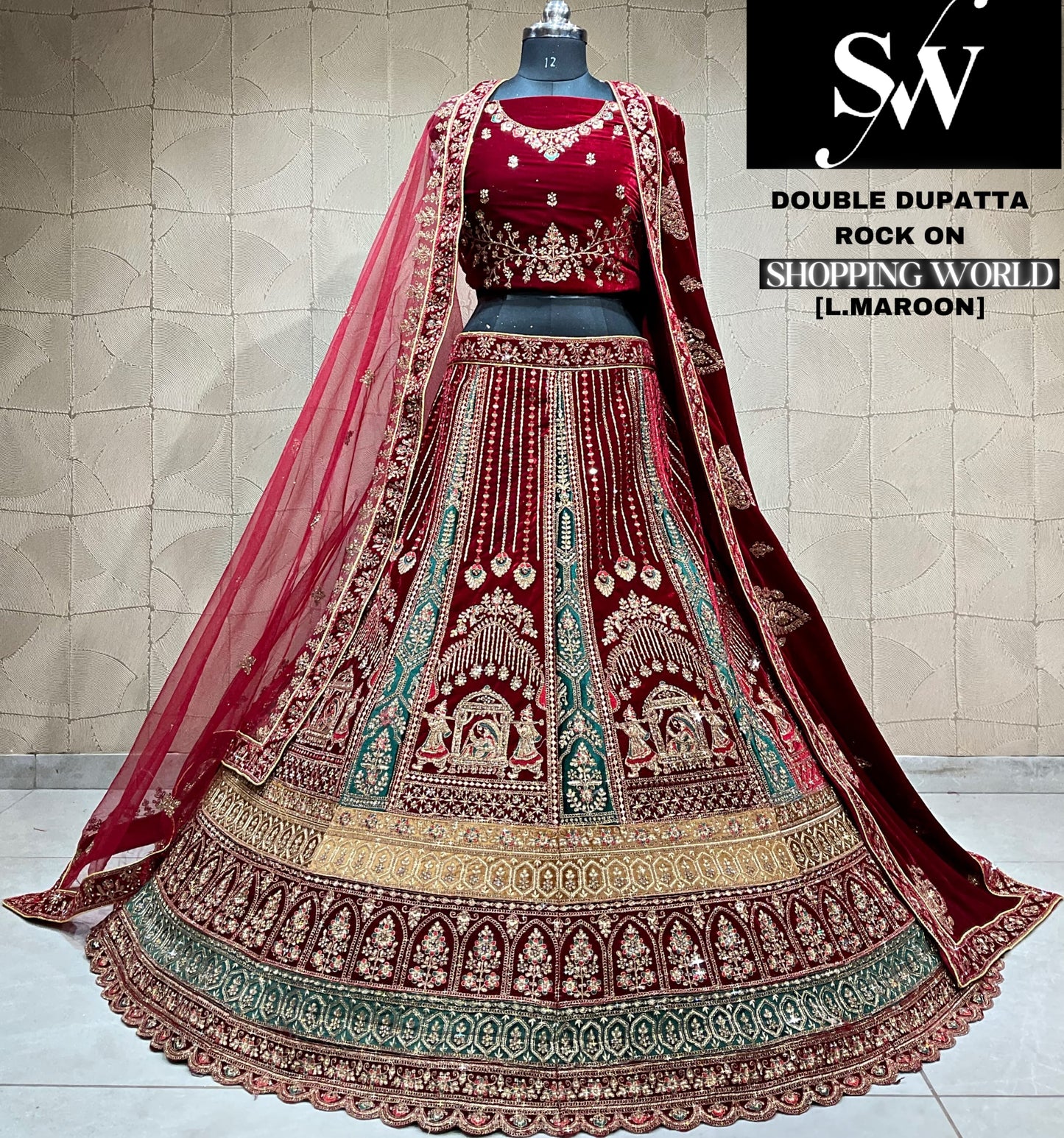 Delighful dark maroon doli barat Velvet bridal Lehenga