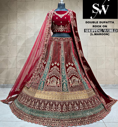Delighful dark maroon doli barat Velvet bridal Lehenga