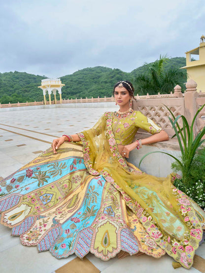 Yellow-Sky Shade Different-Kali Heavy Embroidered Cut-Work Silk Semi Stitched lehenga