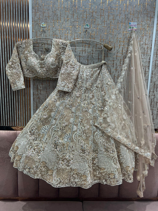 Elegant light beige peach Ready to Wear crop top Lehenga