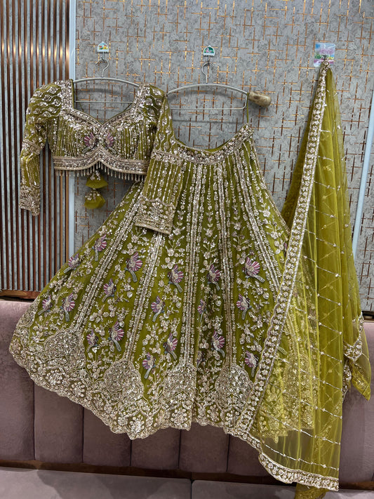 Yellow Haldi Mehendi Peacock crop top Lehenga