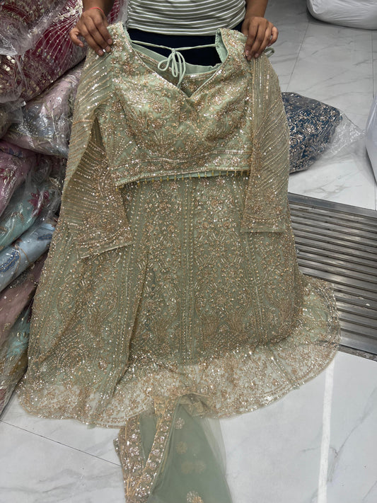 Pista Green Crop Top Lehenga