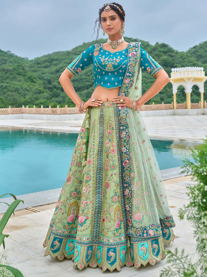 Pista-Teal Shaded Heavy Designer Embroidered Patchwork Silk Semi Stitched lehenga