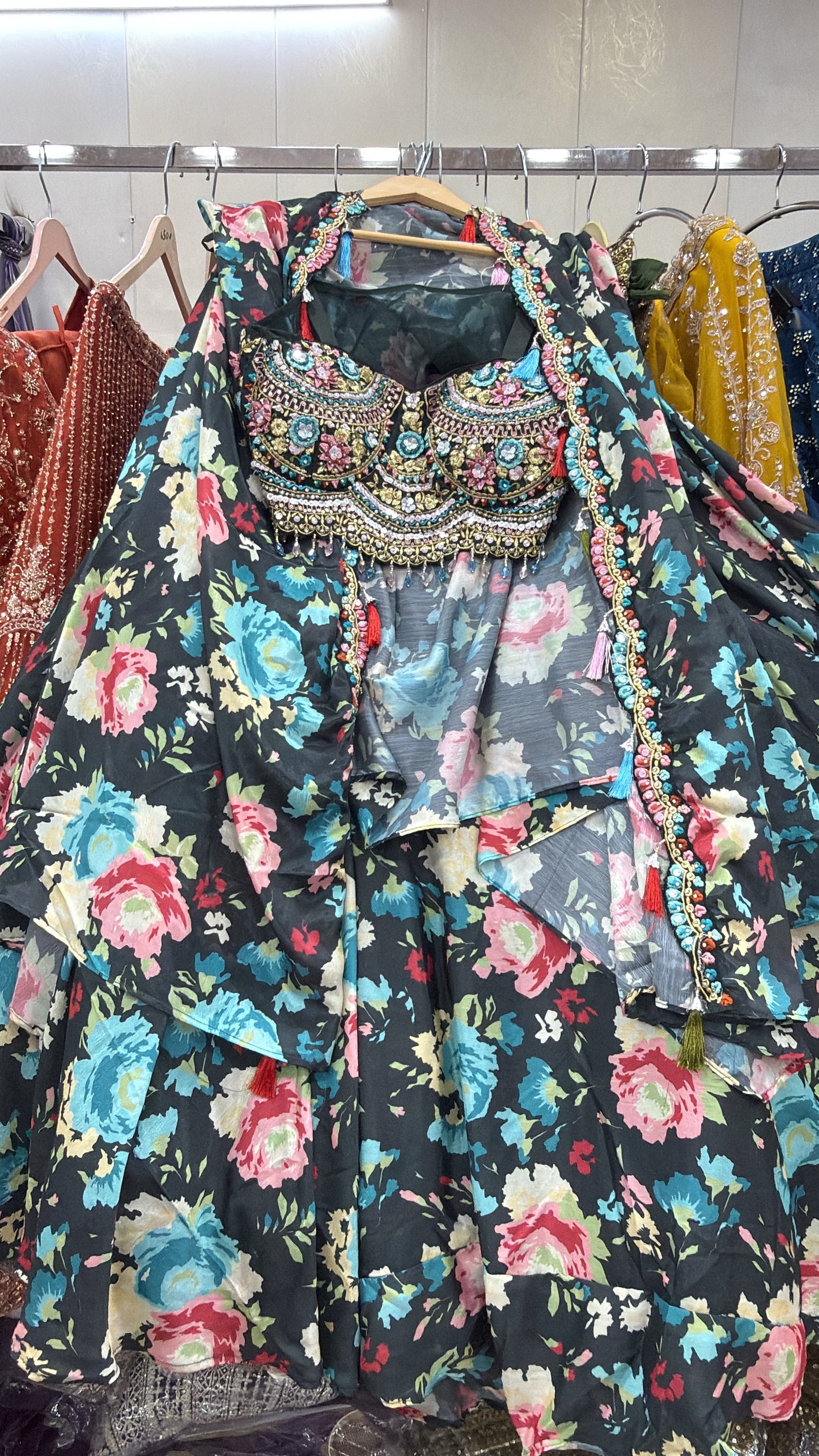 Pink Yellow Blue Double Shade Crop Top Lehenga