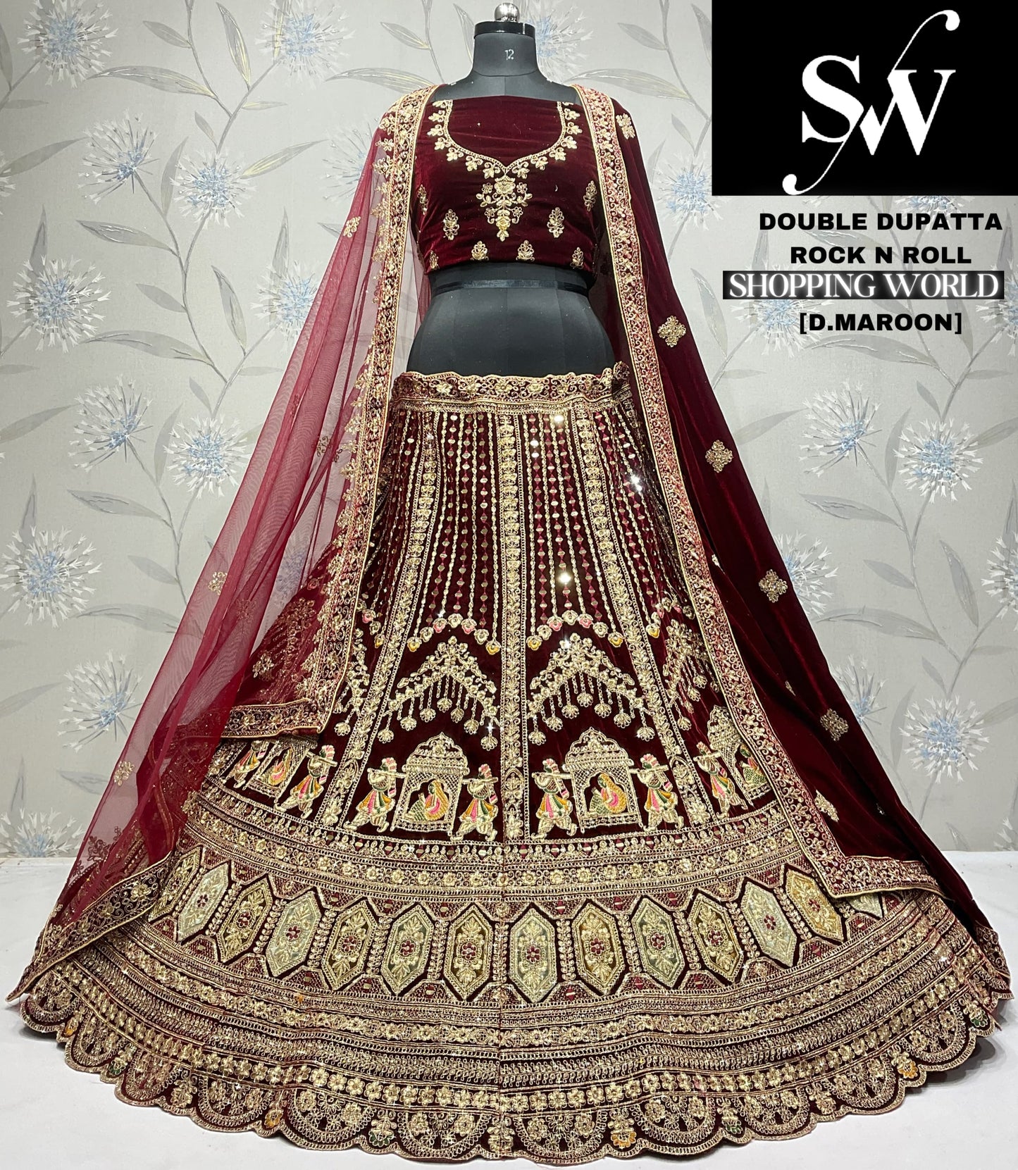 Stunning dark maroon doli barat Velvet bridal Lehenga