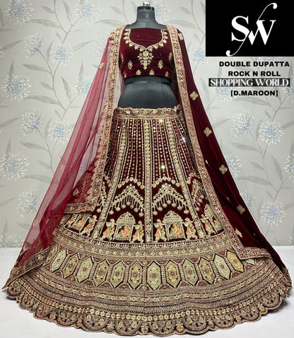 Stunning dark maroon doli barat Velvet bridal Lehenga