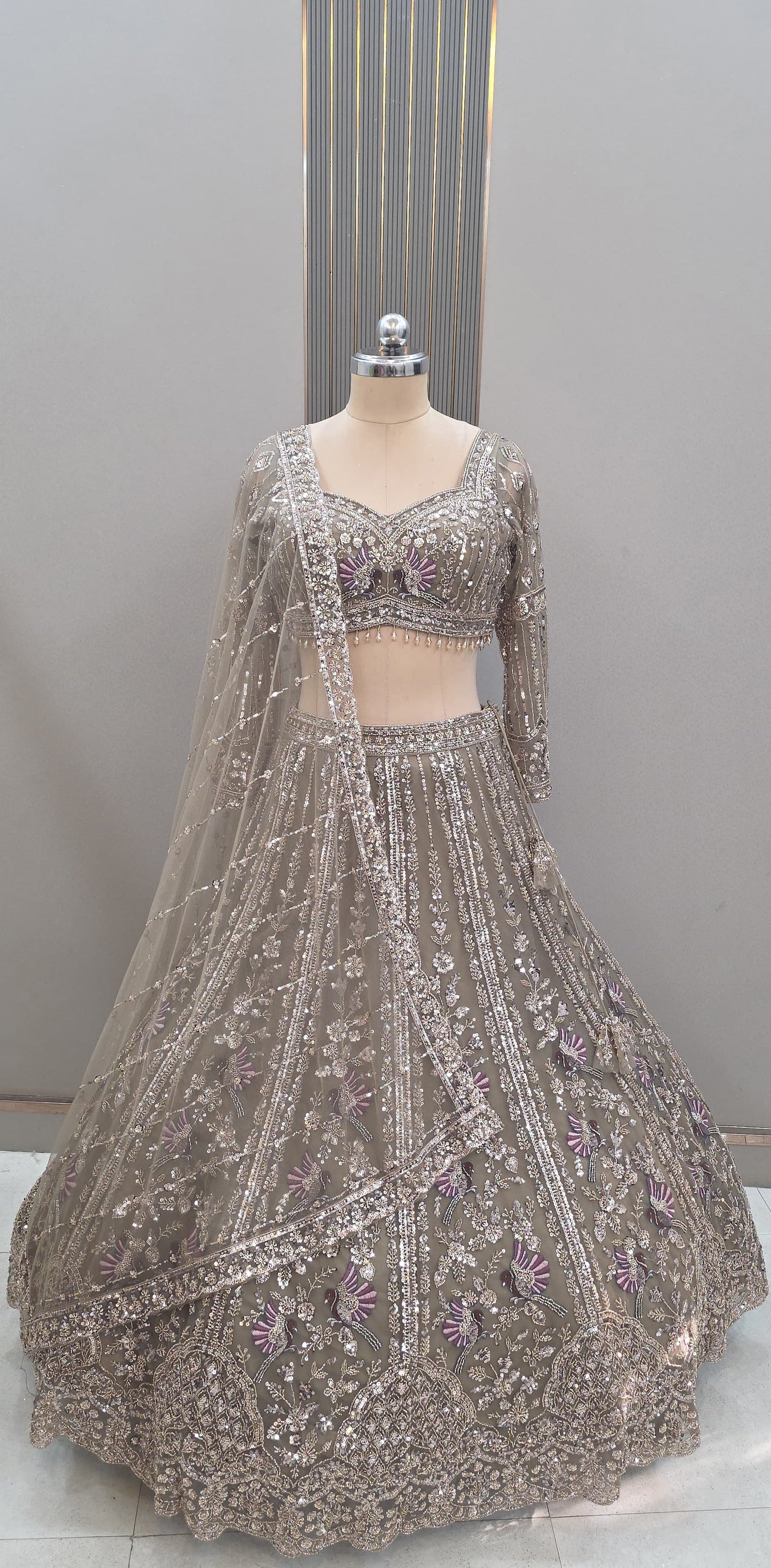 Purple Bird Print Crop Top Lehenga