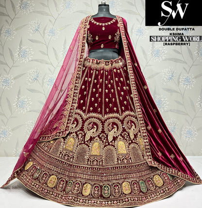 Attractive raspberry peacock Velvet bridal Lehenga