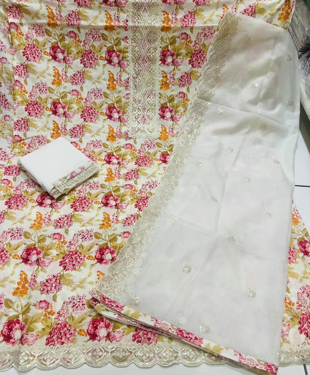Fair white pink suit dress material (free size)