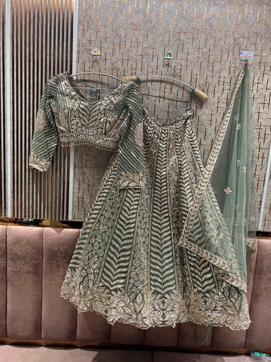 Pista Green On Green Monotone Crop Top Lehenga