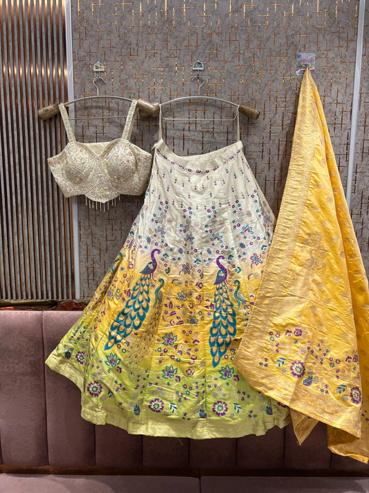 Eye Catching Yellow peacock  Crop Top Lehenga