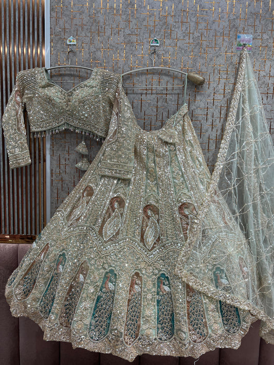 Double shade pista green Peacock Crop Top Lehenga