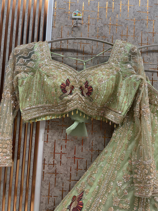 Pista Green Peacock Crop Top Lehenga