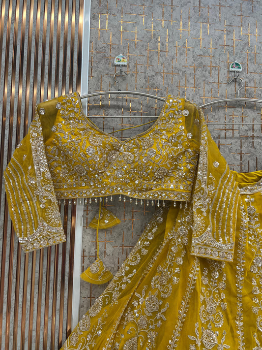 Yellow Haldi Mehendi Crop Top Lehenga