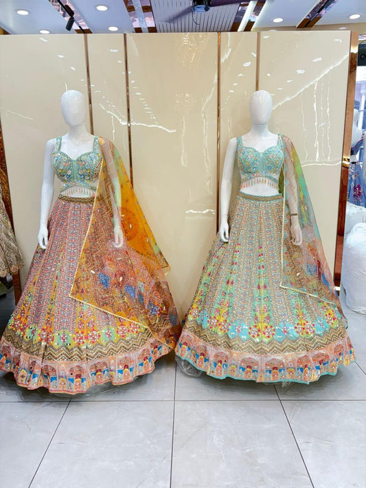 Rust Orange Sky Blue Crop Top Lehenga