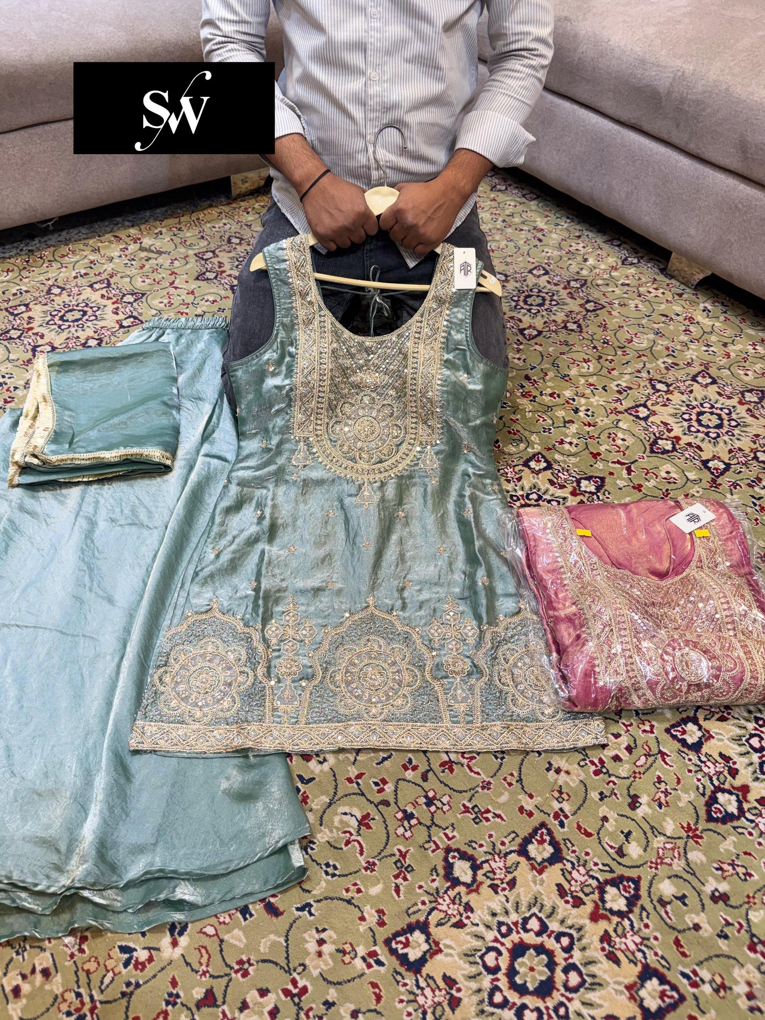 Sky Blue Long Sharara Suit Dress Material - Shopping World