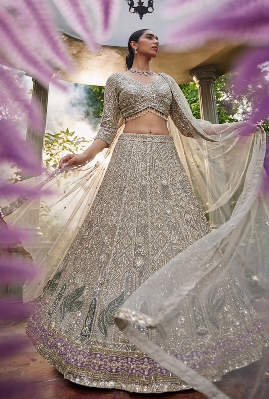 White Peacock Crop Top Lehenga