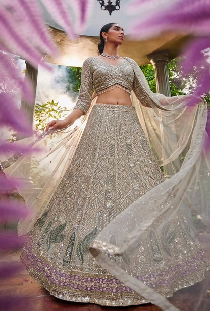 White Peacock Crop Top Lehenga
