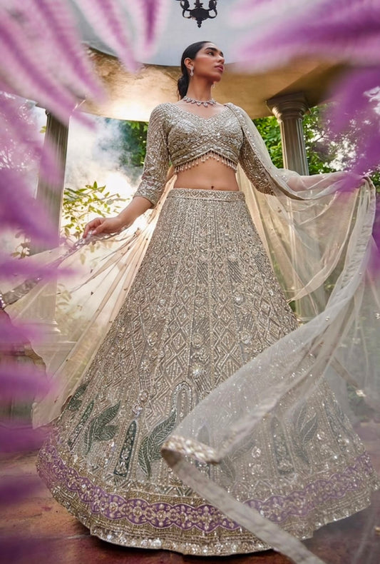 White Peacock Crop Top Lehenga