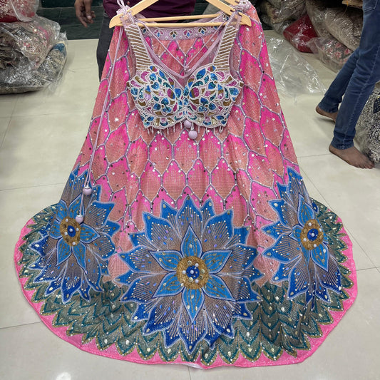 Fantastic Pink Blue Pearl Crop Top Lehenga